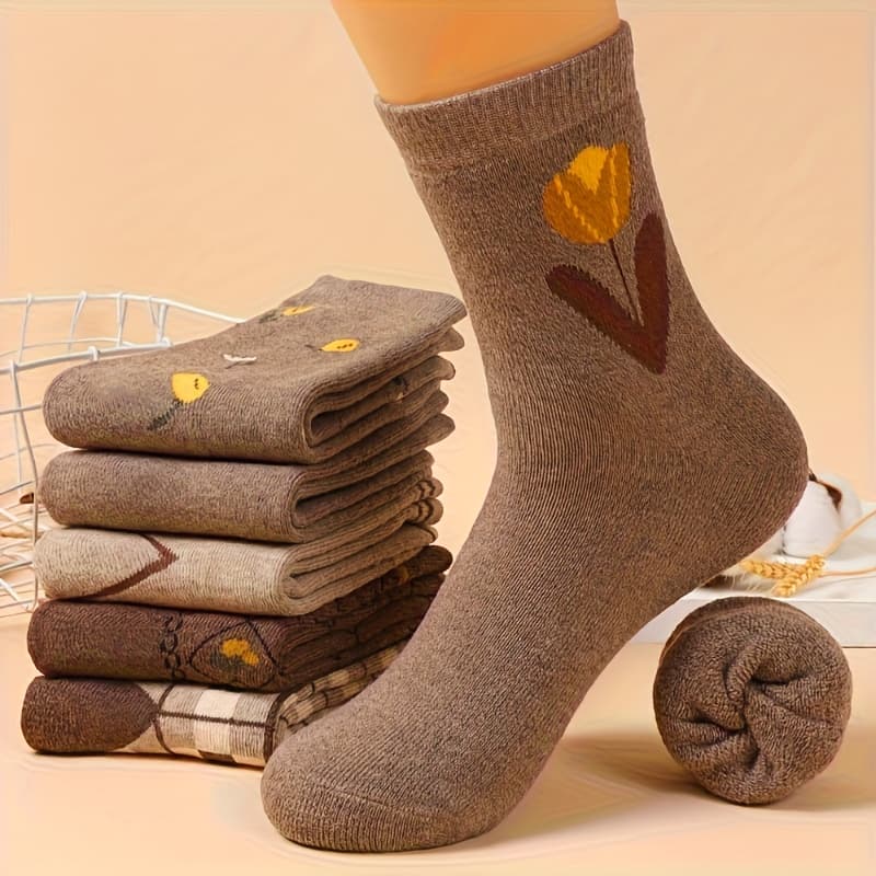 TEMU 5-pair Vintage Striped Thickened Mid-calf Socks, Autumn/winter , Fashionable Mid-calf Socks, Comfortable House Socks, Stylish Design, Soft Fabric, For Teenager
