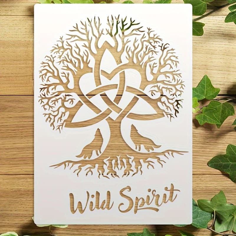TEMU Celtic Tree Of Life And Wolf Stencil, A4 Size - Suitable For Wood, Canvas, Fabric, Walls, Furniture, Diy Crafts & Home Decor, Reusable
