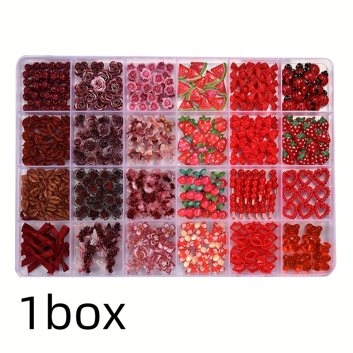 TEMU 24 Grid Box Strawberry Bow & Love Nail Stud Earrings - Red System Nail Accessories Suitable For Nail Salons, Parties, Weddings - Cute Strawberry Bows & Heart Earrings For Hands/feet Care Products