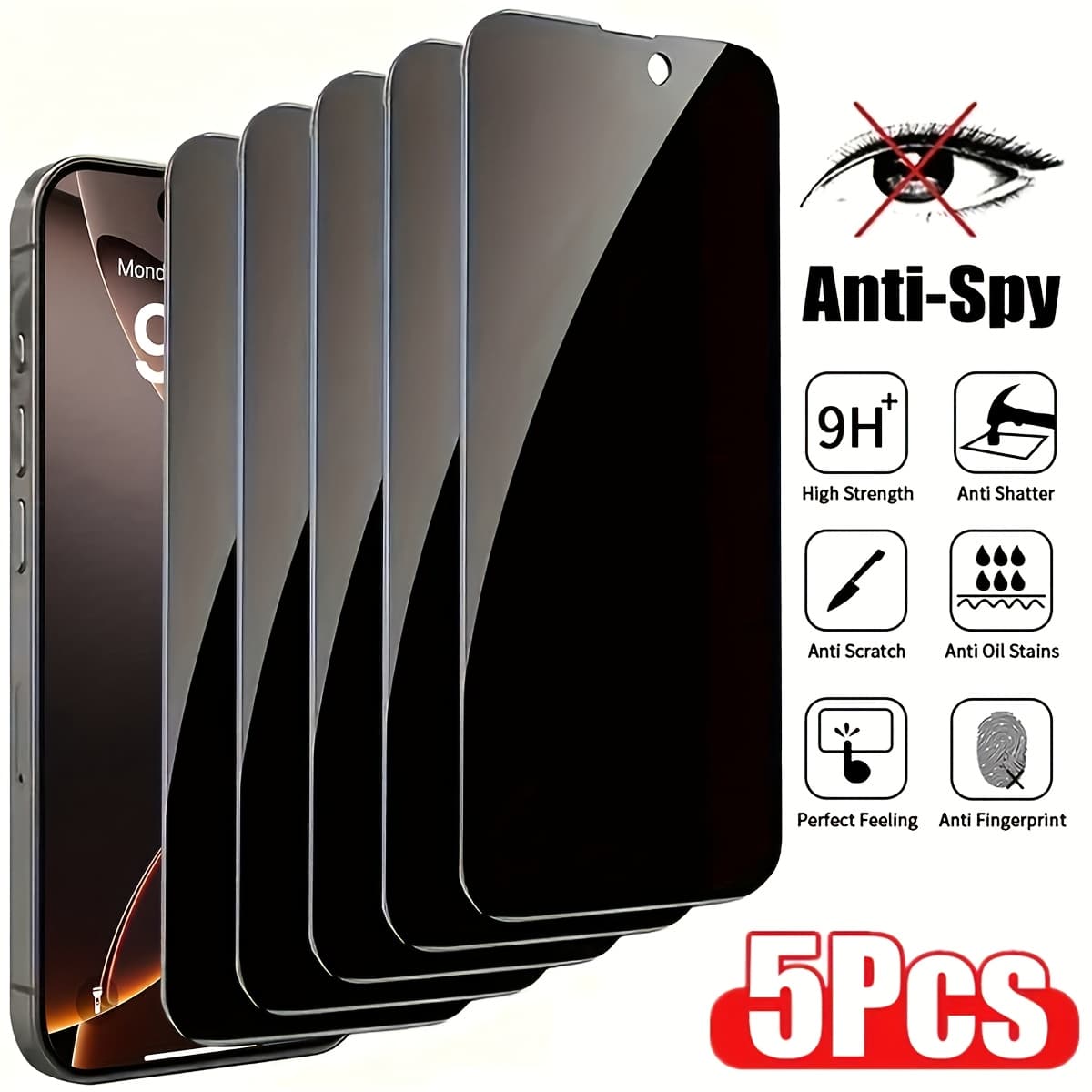 TEMU 5pcs Tempered Glass Privacy Screen Protector For Iphone 17 16 15 Pro 16e 14 13 Pro Mini 11 Xr X Xs Max Full Coverage Anti-spy Glossy Shield, Hd , 9h Hardness,