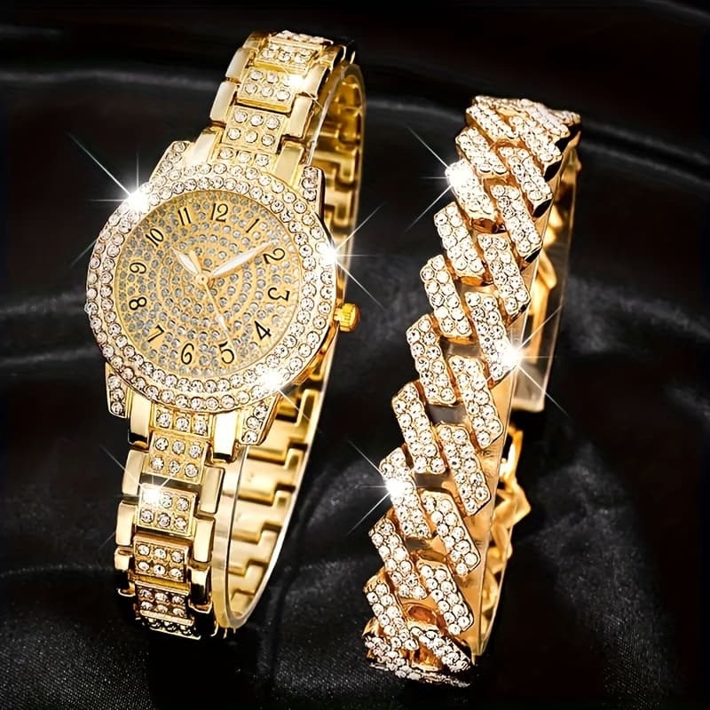 TEMU Set Of 2 Women' Watches: Trendy Casual Quartz Watch And Stylish Hip Hop Bracelet