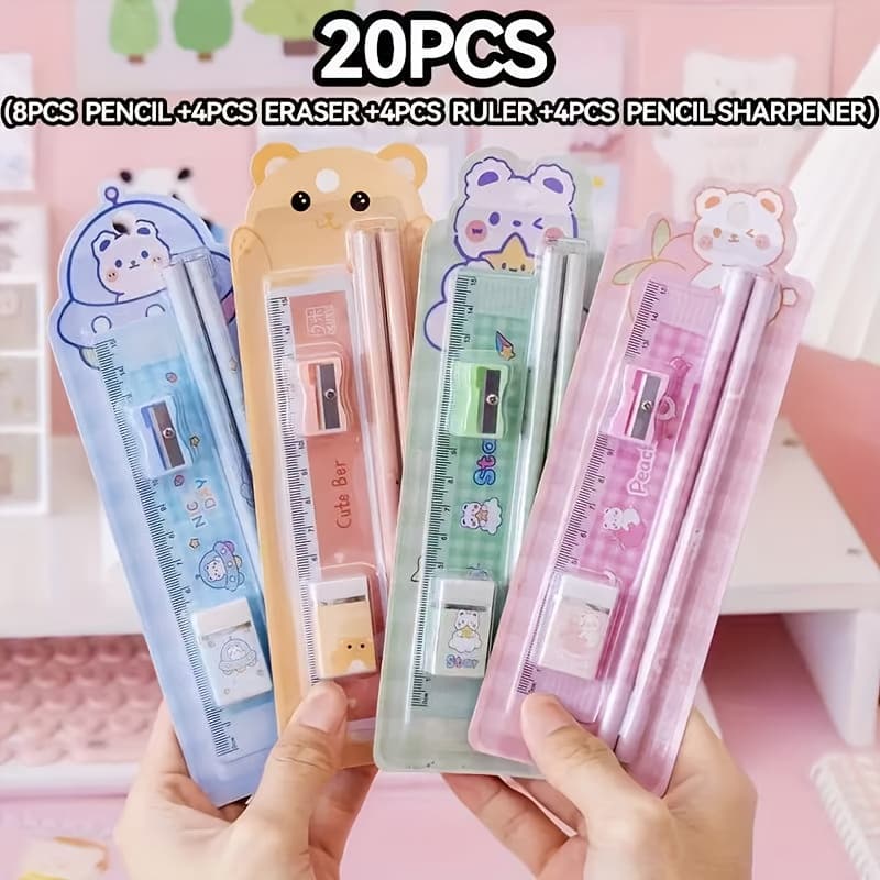 TEMU 4 Sets (20pcs) Pencil Set, Cartoon Stationery Set, Holiday Activities, School Supplies, Office Supplies, Educational Gifts, Pencil Eraser Pencil Sharpener Ruler, Small Prizes, Durable Materials