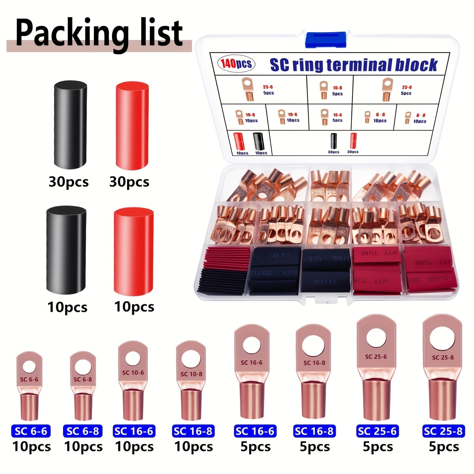 TEMU 140pcs Copper Wire Lugs Kit With Thermal Tubes, Awg 4 6 8 10 12 Battery Cable Lug, Ring Terminal Connector For Vehicles, Ships, Cabinets, Household Appliances