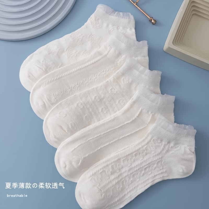 TEMU 5 Pairs Women's Breathable Lace Trim Short Socks - Soft Textured , Minimalist Elegant Design For Everyday Casual & Formal Wear, Machine Washable, Lace Socks, Versatile Sock Type, Classic
