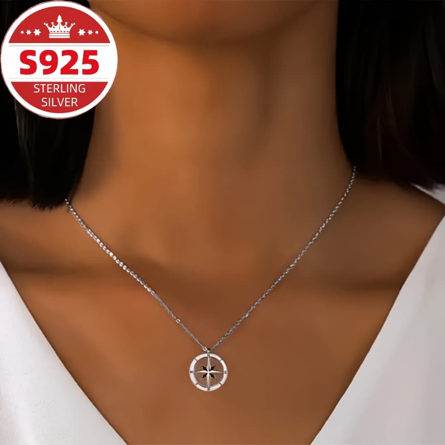 TEMU S925 Pure Silvery Minimalist Geometric Compass Pendant Princess Necklace With Octagonal Star, Elegant Jewelry Gift, Women's Jewelry, Gift For , Christmas Gift