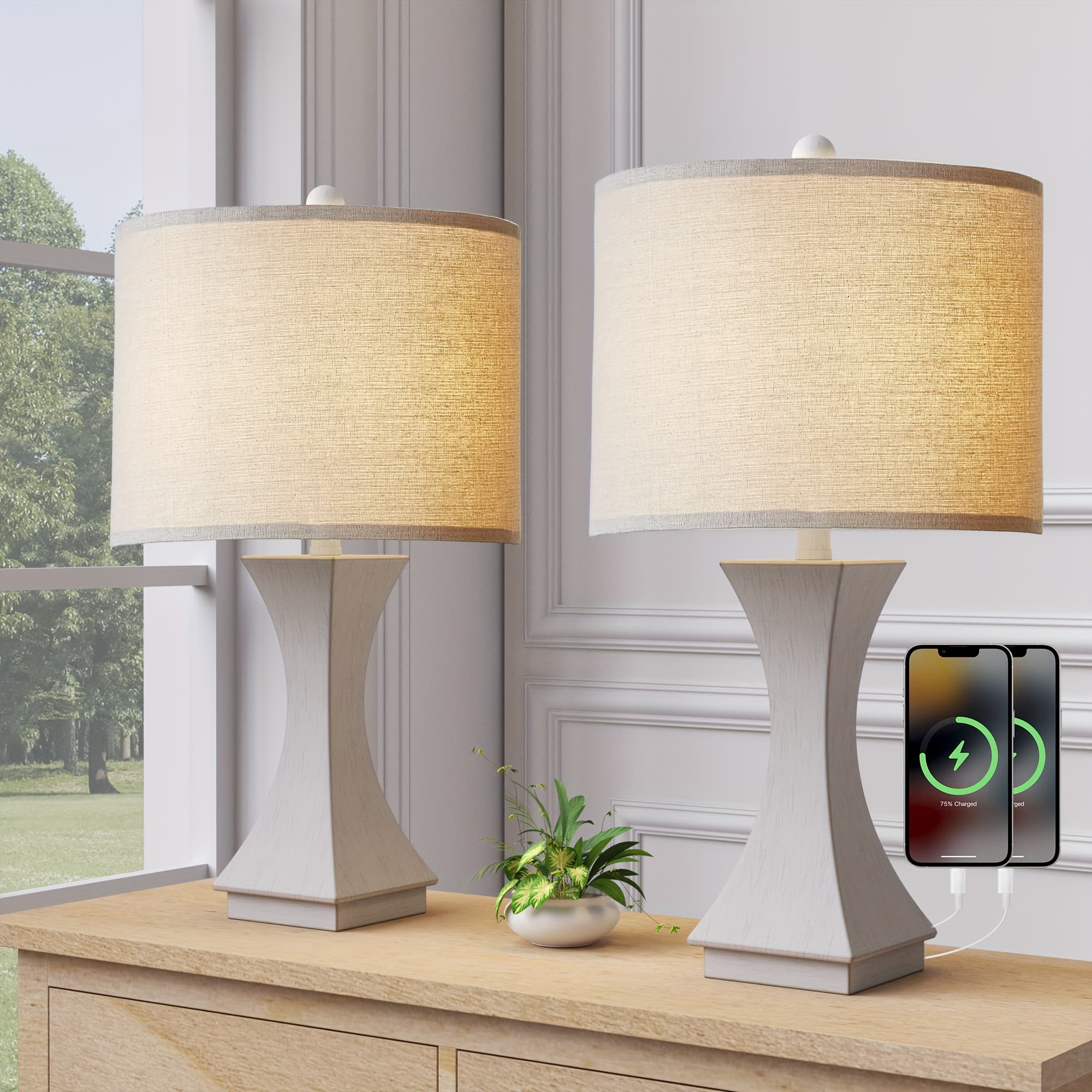 TEMU Resin Table Lamps Set Of 2, 3-way Dimmable Bedside Lamps With Usb Charging Port, 24 Inches Modern Nightstand Lamp With Fabric Shade For Bedroom, Office, Living Room, Study, Black/gray