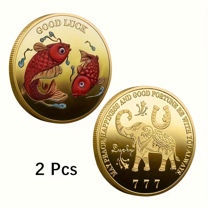 TEMU Replica Coin 2pcs Of Koi Elephant Commemorative Collection Happiness, Luck, Success, Health 40*3mm Halloween Christmas Gift