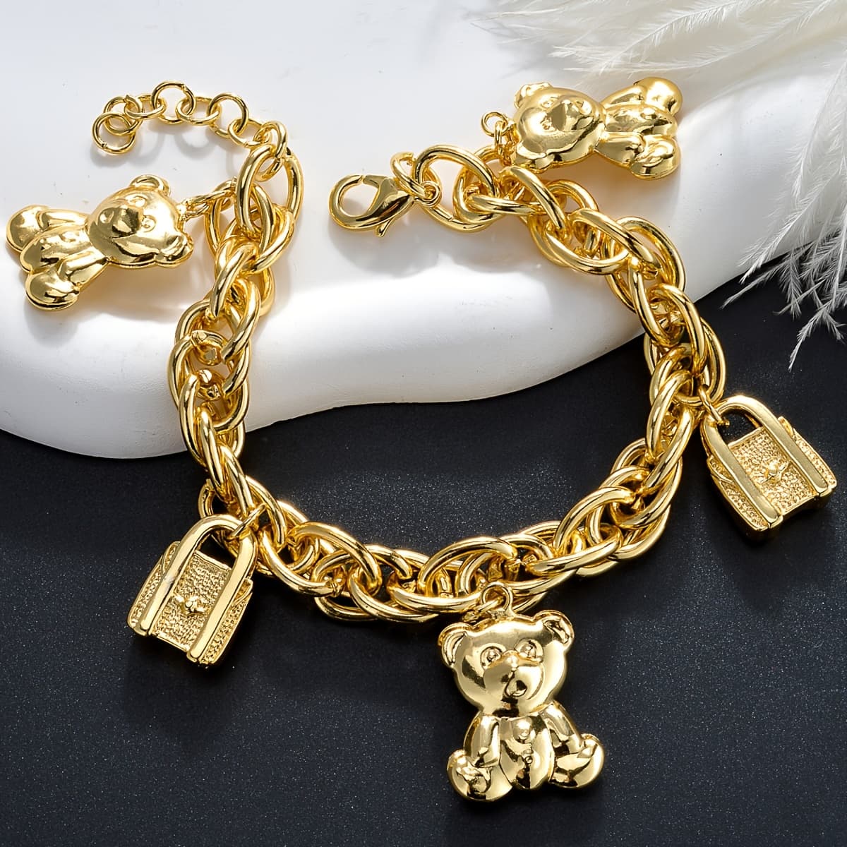 TEMU 1pc Women's Fashion Charm Bracelet With Bear & Handbag Pendant, Unique Cute Chain Bracelet Jewelry, Perfect Romantic Wedding Party Gift For Couples, , And Holidays