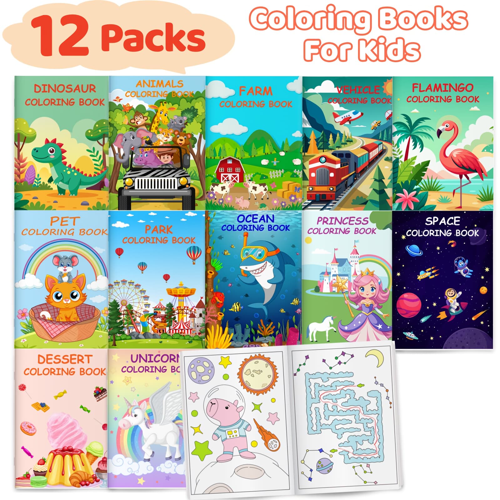 TEMU 12pcs Coloring Books For Kids Birthday Party Favors Gifts, Includes Dinosaur More Designs Goodie Bags Stuffer Classroom Activity Books For School Halloween Christmas Gift
