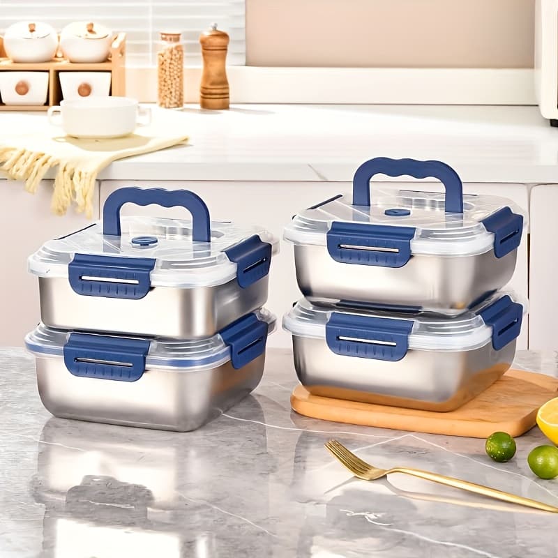 TEMU Set Of 4 Stainless Steel Food Storage Containers Featuring A Blue Lid, With A Capacity Of 57.48 Ounces, Ideal For Refrigerator Drawers, Airtight Bowls, Bento Boxes, And Kitchen Tools