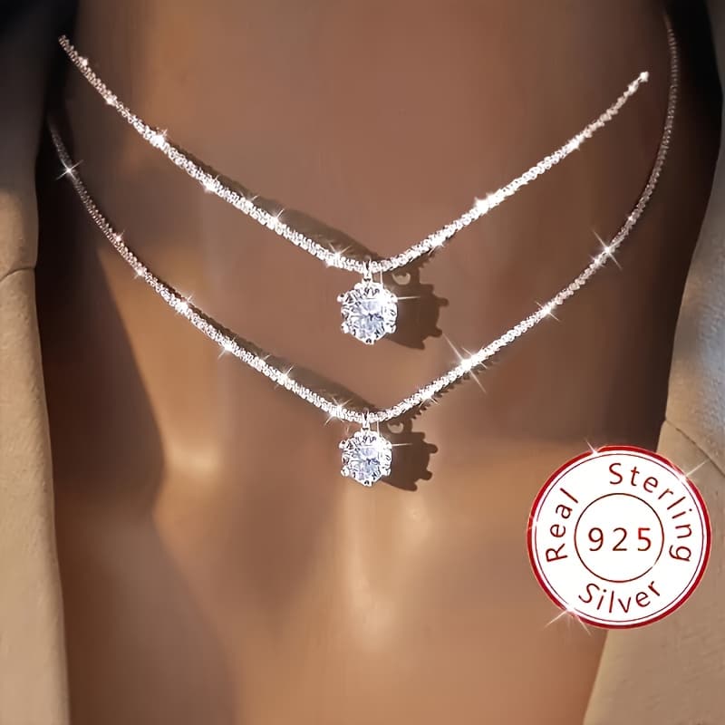 TEMU Pack Of 2 925 Sterling Silvery Women's Wedding Necklaces, Promise Necklace, Eternal Necklace, , Valentine's Day, Gift For Ladies