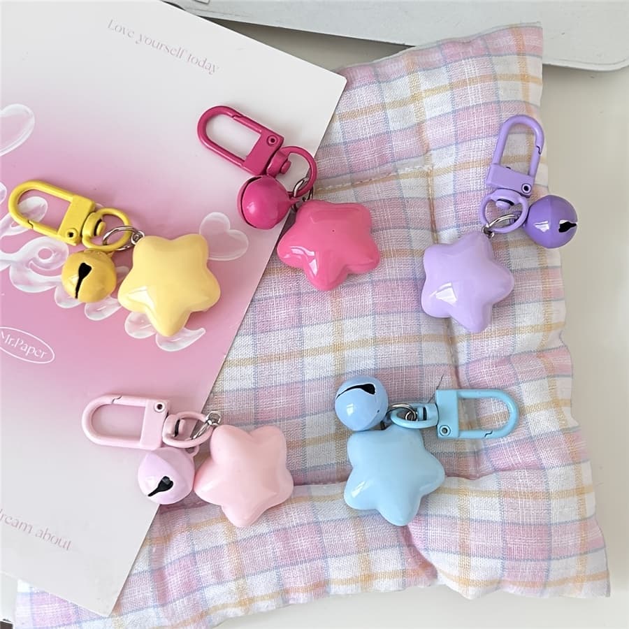TEMU Set Of 5 Cute Star-shaped Keychains With Bells, Perfect As Gifts For Students, , Or Couples