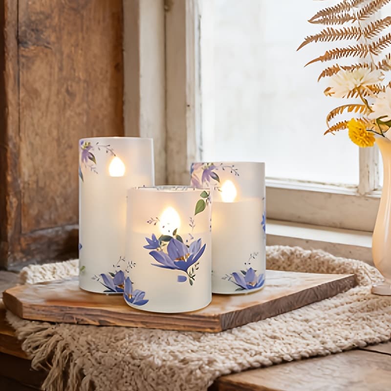 TEMU 3pcs Flameless Candles With Purple Floral Decor, Flickering Led Pillar Candles, Battery Operated With Remote Control, Ideal For Home, Birthdays, Weddings And Event Decorations