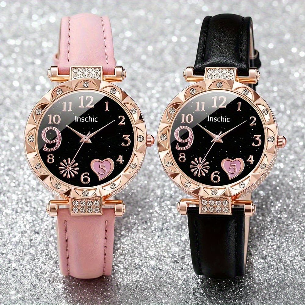 TEMU 2pcs/set Watches, Women's Stylish Watch Set, Elegant Exquisite Fashion Wristwatches With Pu Leather Straps Cute For Ladies