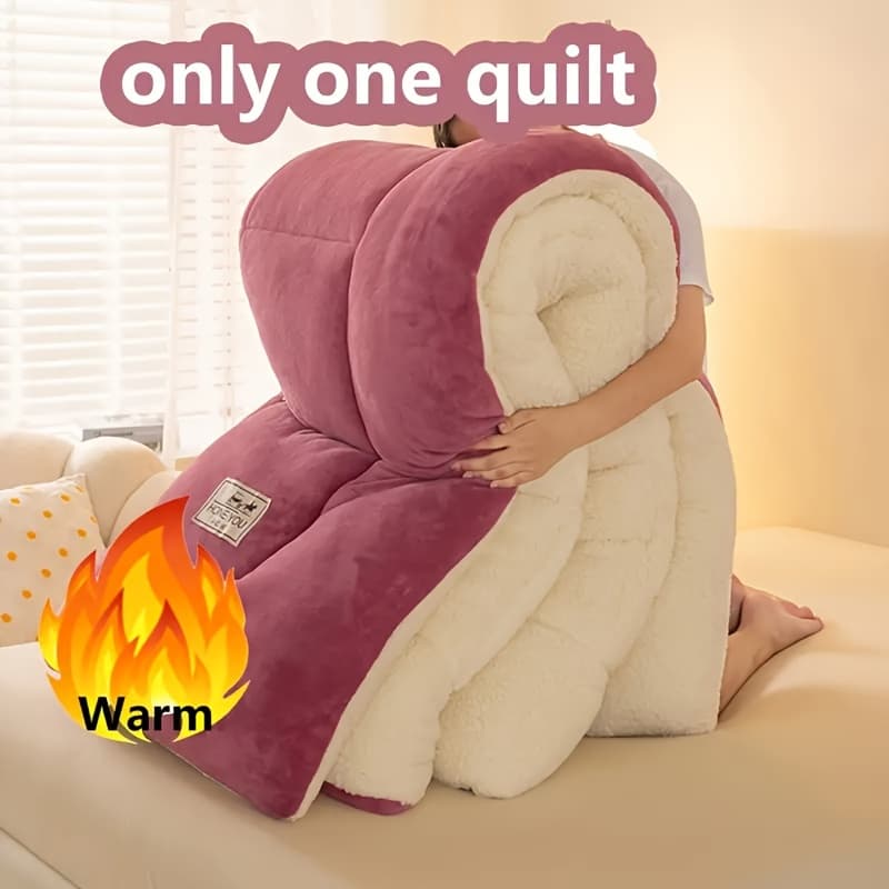 TEMU 1pc Quilted Blanket - Plush Microfiber, Thick And Warm, , Machine Washable, Breathable Fill, No Print - Winter Thickened Warm Lambswool Blanket