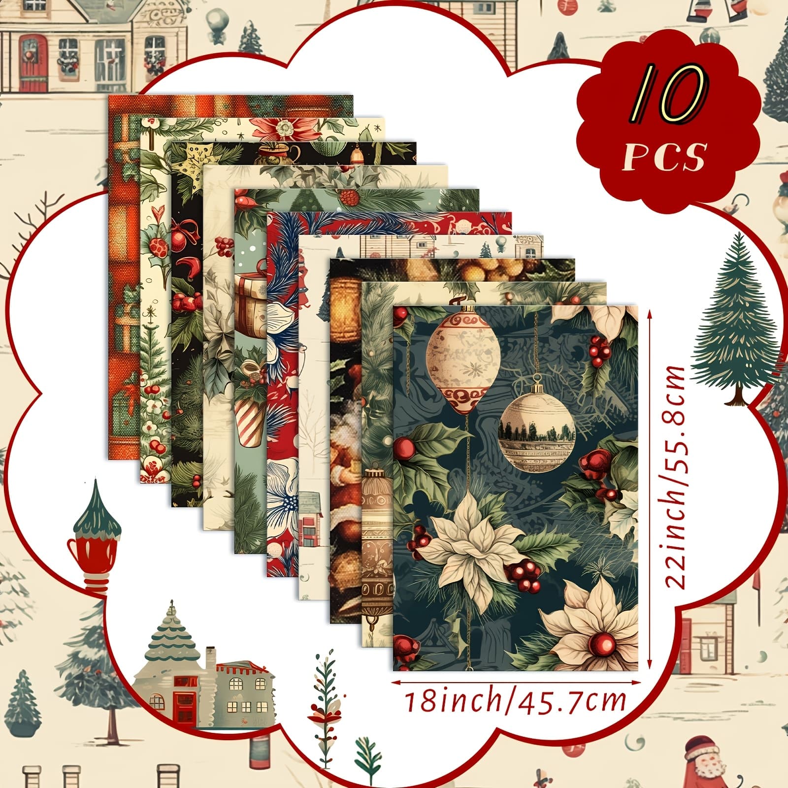 TEMU Set Of 10pcs Of 18 By 22 Inch Vintage Christmas Quilting Fabric Bundles, Featuring Fat Squares And Precut Strips With Red Designs, Perfect For Holiday Quilting And Crafting