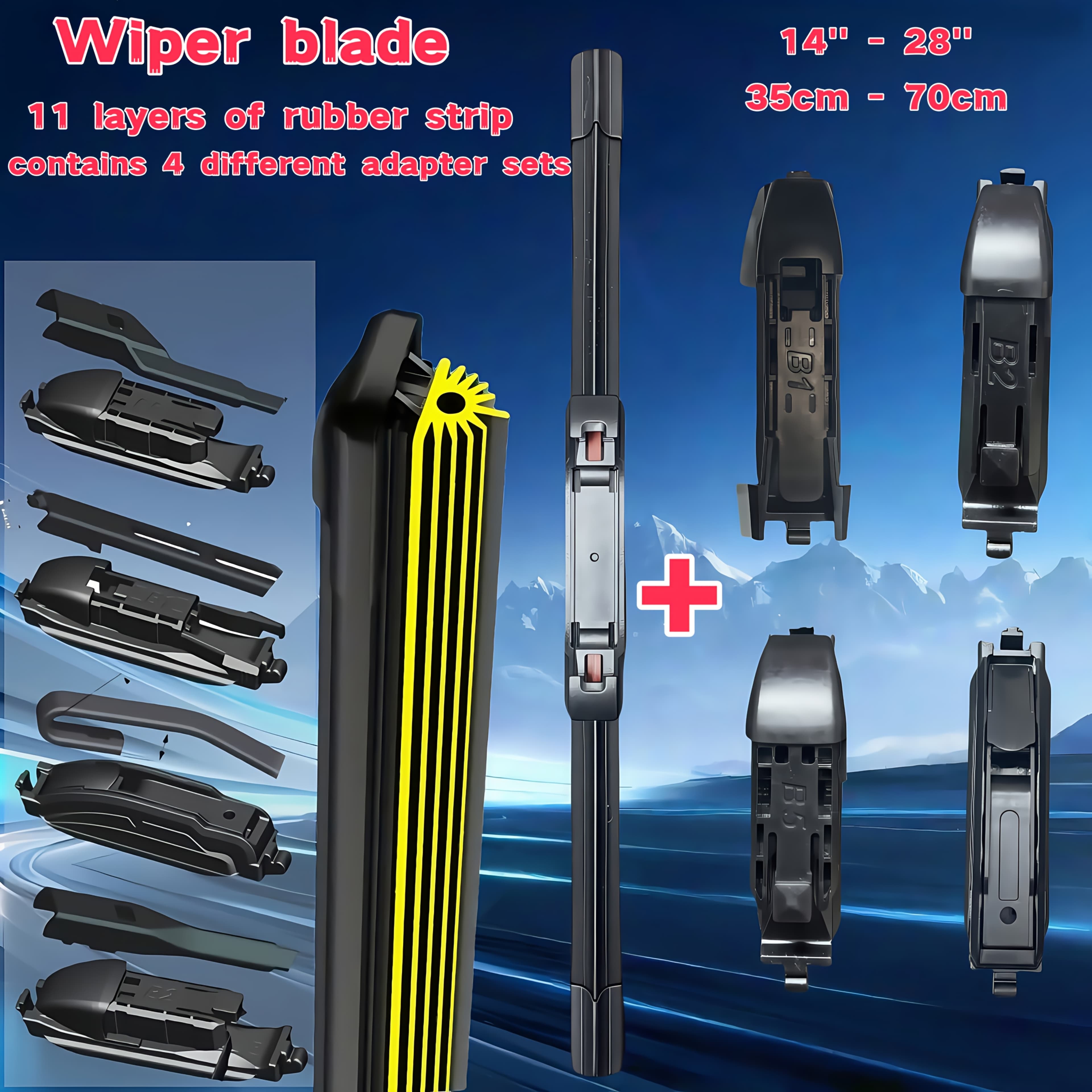TEMU 1pc {new 11 Wiper + 4 Replaceable Wiper Connectors}, Hd, Durable, Silent, Boneless Multifunctional Wiper, 14-28 Inch Wiper Blades For All Positions, Suitable For All Models