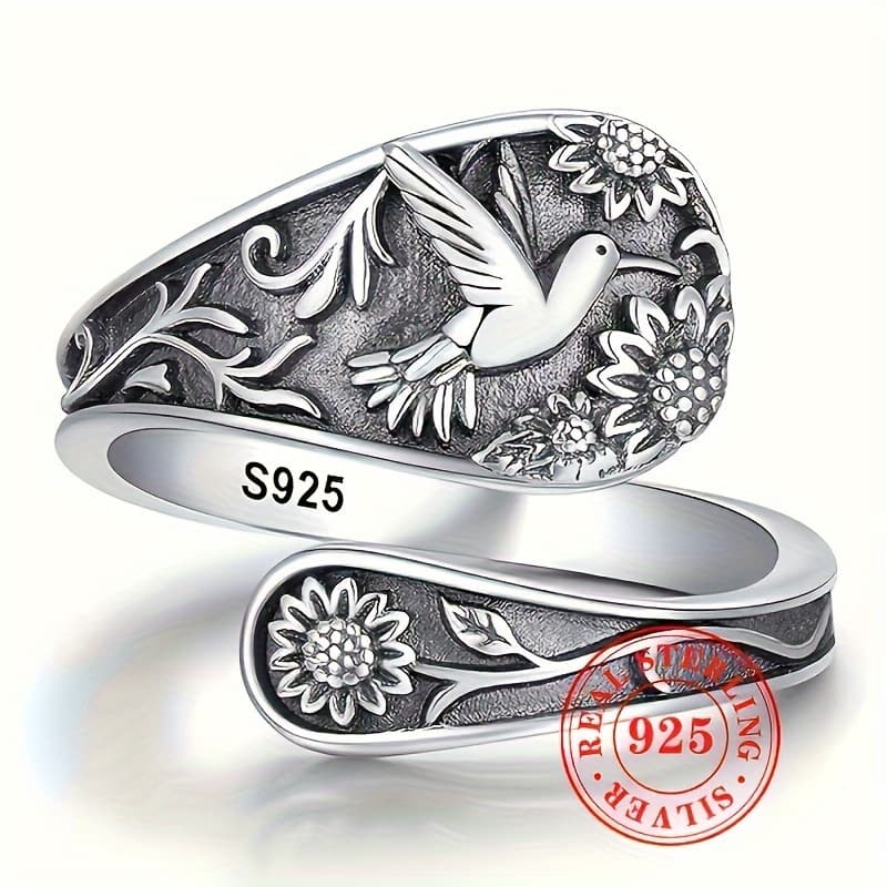 TEMU 3g S925 Pure Silvery Bohemian Bird Carved Ring With Adjustable Opening Vintage Ring Jewelry