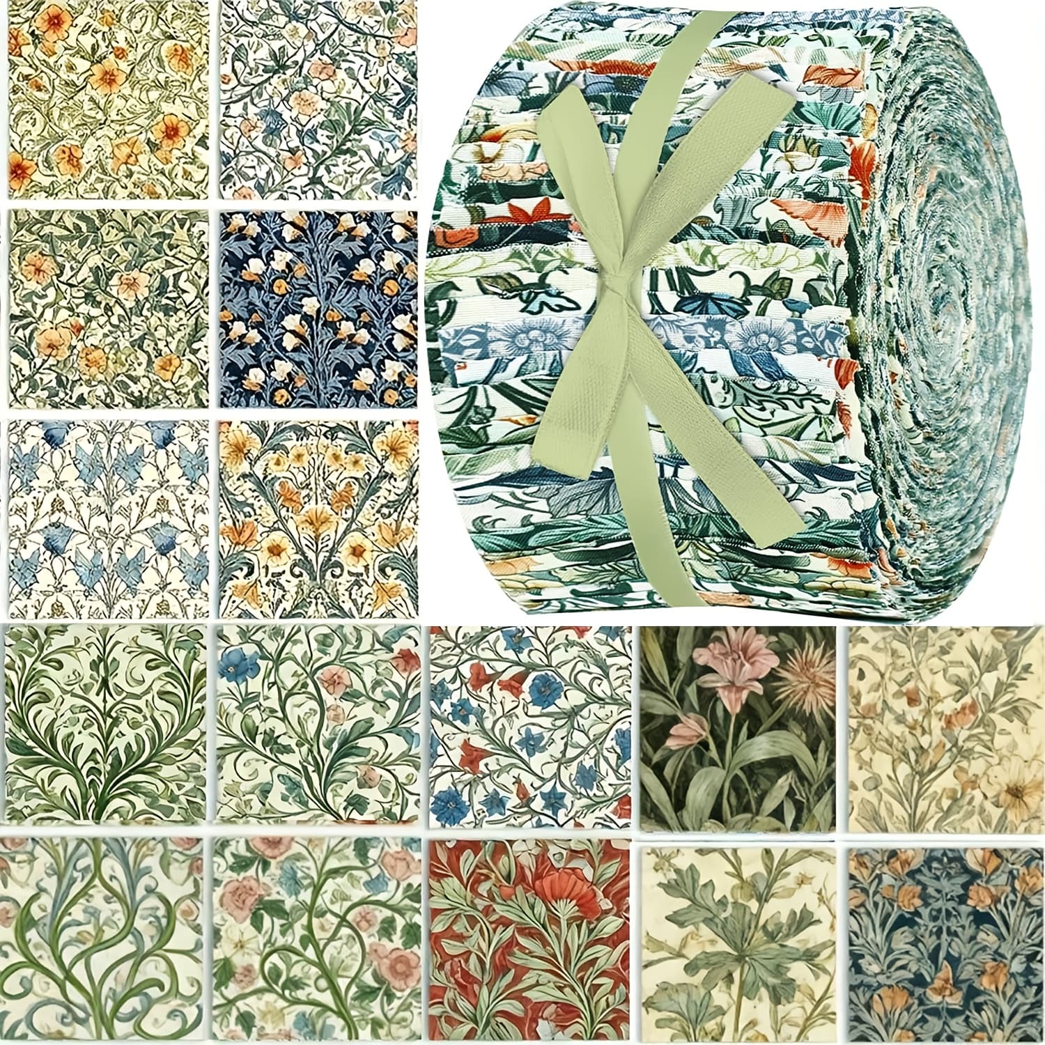 TEMU 40pcs Pre-cut Green Background Red Flower Fabric Set - Multicolor Quilting Material With Bundled Patterns, Diy Quilts, Doll Clothes & Handmade Crafts, For Piecing It System (pits),