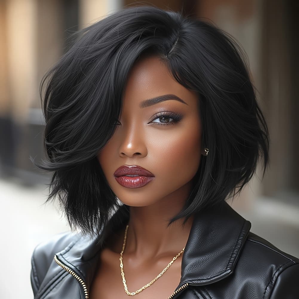 TEMU Short Bob Wigs Side Part Wig Synthetic Hair Straight Wig Wig For Women Black Short Cut Bob Wig Shoulder Length Straight Bob Wig Highlight Brown Straight Hair Daily Life Or Party Use
