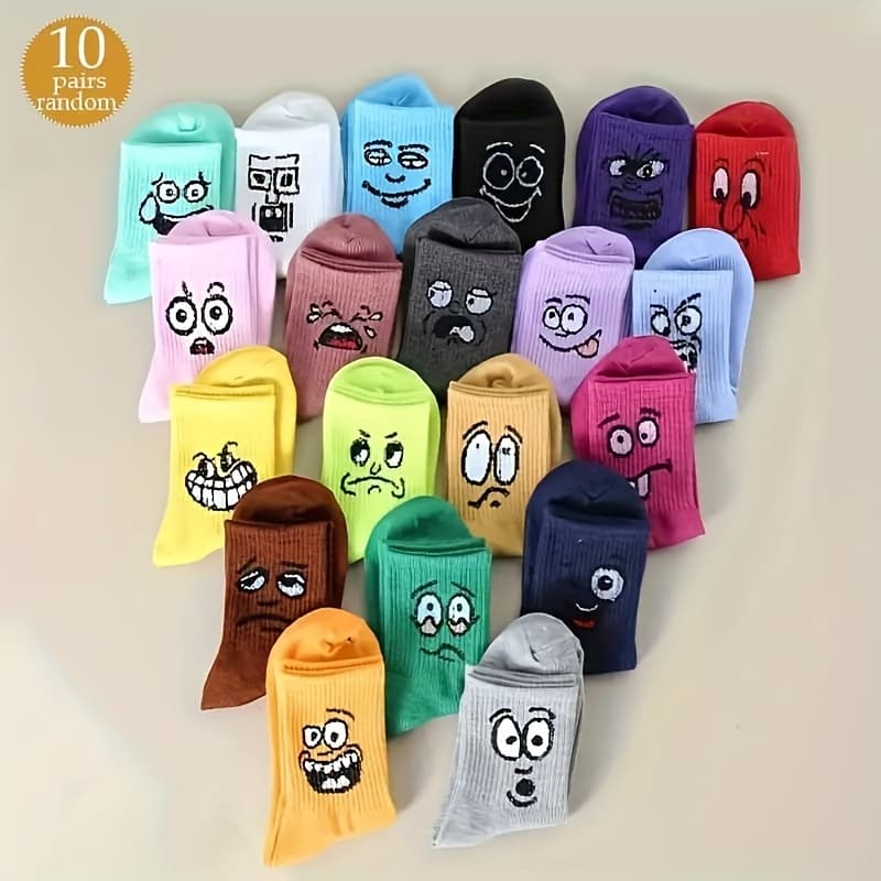 TEMU 20 Different Mood Designs Colorful Cartoon Face Painting Socks, Funny Novelty Pattern Socks, Unisex All Season Daily Outdoor Casual Socks, Random 10 Pairs