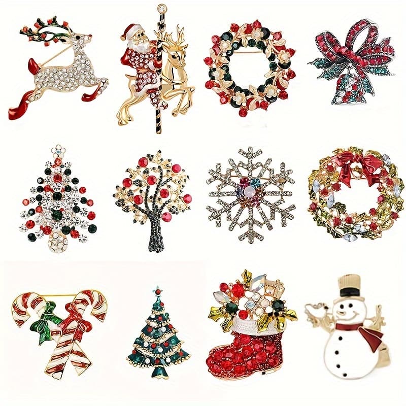 TEMU 12pcs Christmas Brooch Pin Set For Women & Girls - Sparkling Crystal & Enamel With Santa, Reindeer, Snowflakes & More - Party Accessories & Gifts, Jewelry| |intricate , Christmas Decorations