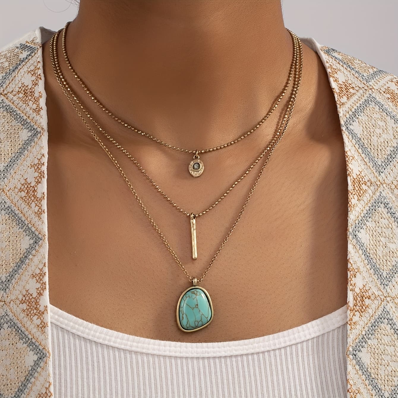 TEMU 1 Bohemian Simple And Elegant Style Turquoise Multi--tier Women's Necklace, Suitable For Gifting And Daily Wear