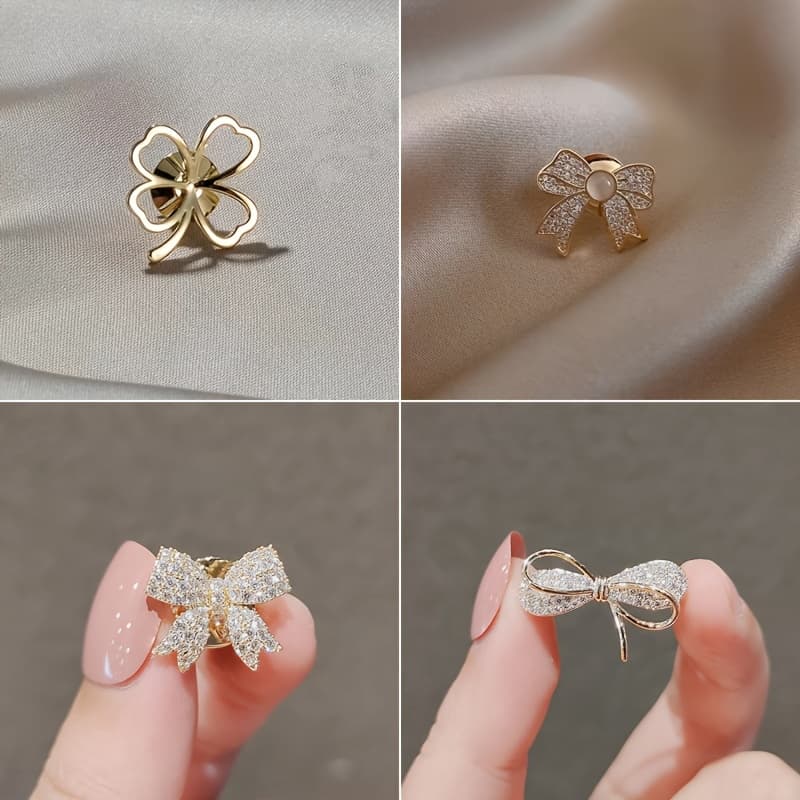 TEMU 4pcs Set, Bow Anti-slip Brooch, Stone Metal Lapel Pin, Cute Women's Pin