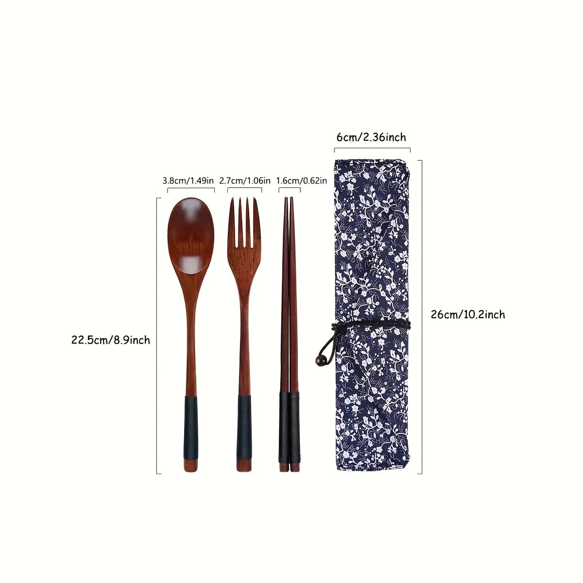 TEMU 3pcs Japanese Wooden Utensil Set With Retro Cloth Bag, Perfect For Travel, Picnics, Camping, Or Everyday Use - Includes Spoon, Fork, And Chopsticks