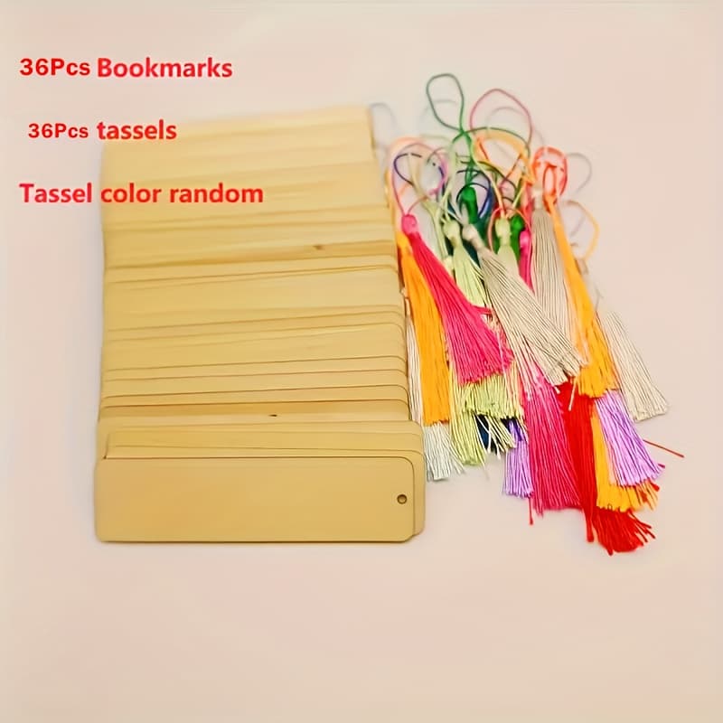 TEMU 72pcs Wooden Blank Bookmark Set (36pcs) With Colorful Tassels (36pcs), Handmade Hanging Decorations, And Square Labels, Suitable For School And Office Supplies.the Color Of The Tassels Is Random