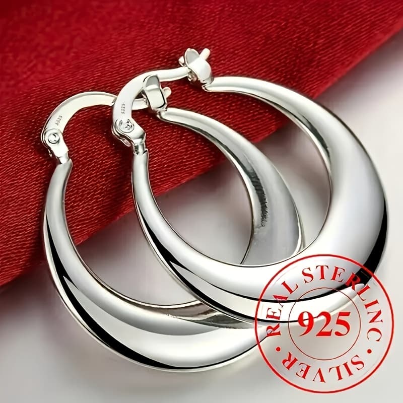 TEMU Elegant 925 Sterling Silver Hoop Earrings - Hypoallergenic, Durable Plating, Women, Suitable For , Ideal For Ramadan And thumbnail 2
