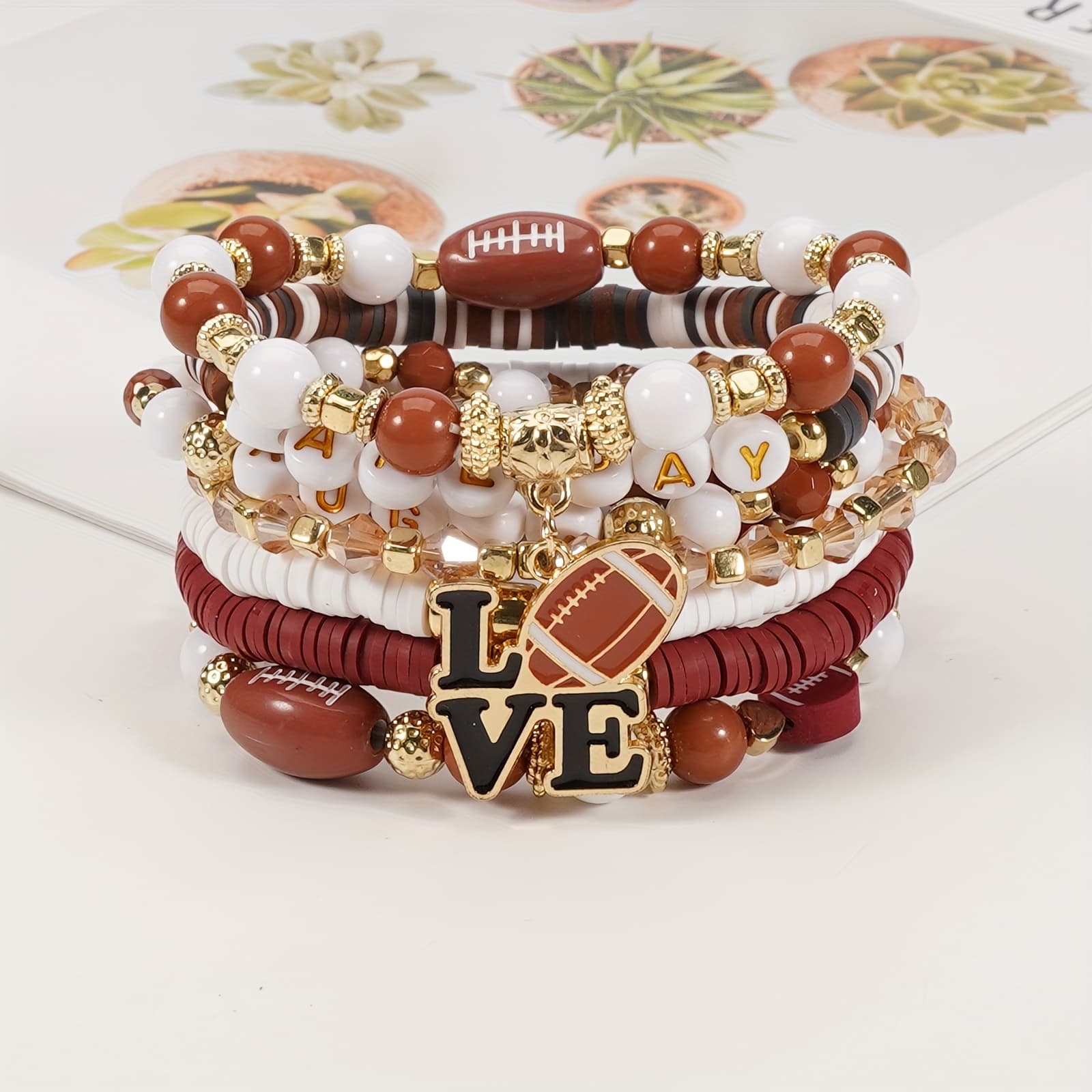 TEMU 7pcs Bohemian Sports Style Bead Bracelet Set, Heart And Football Pendant, Clay Beads, Letters, Game Day, Party, All Season Jewelry Fashion Jewelry.
