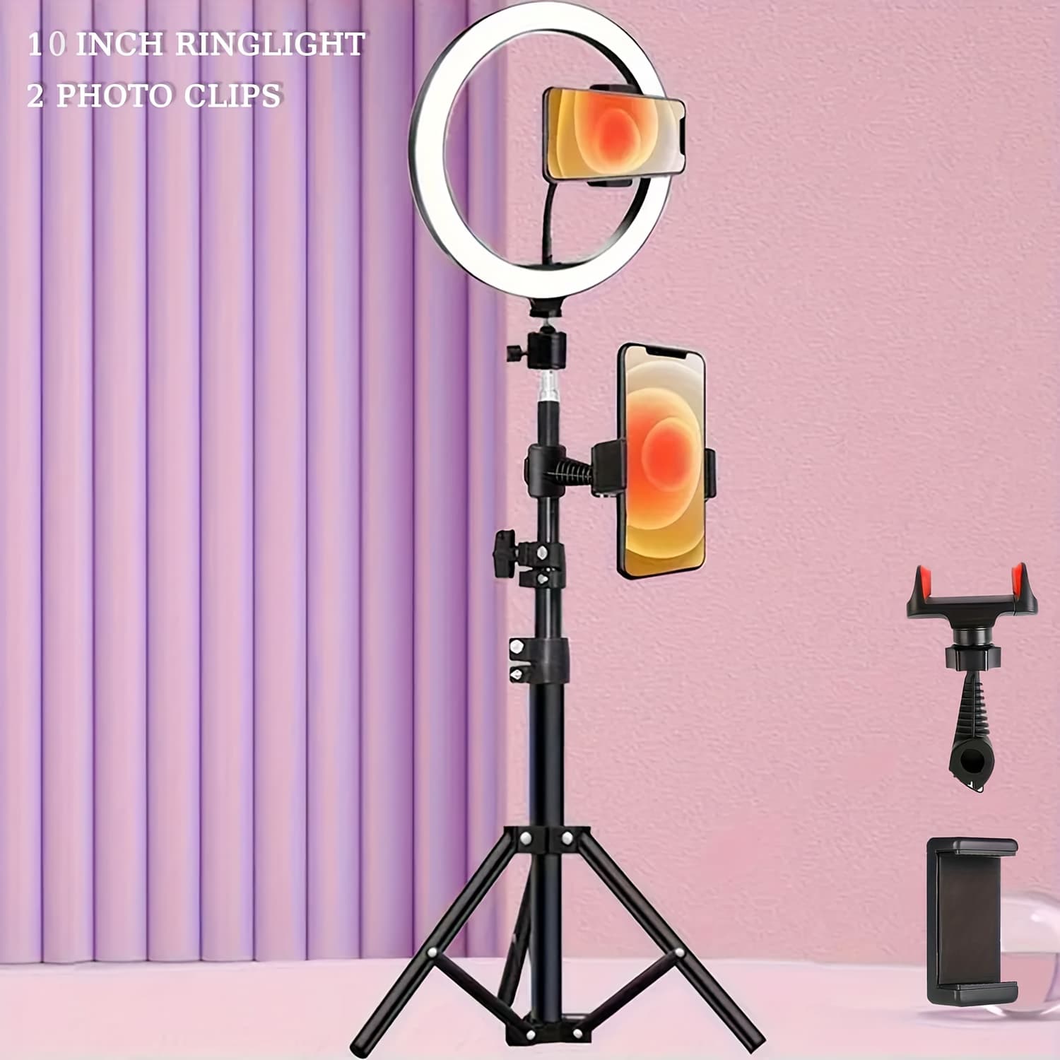 TEMU 10 Inch Selfie Ring Light With And 2phone Clips & Folding Tripod Stand For Phone Studio Video Dimmable Tripod Stand White