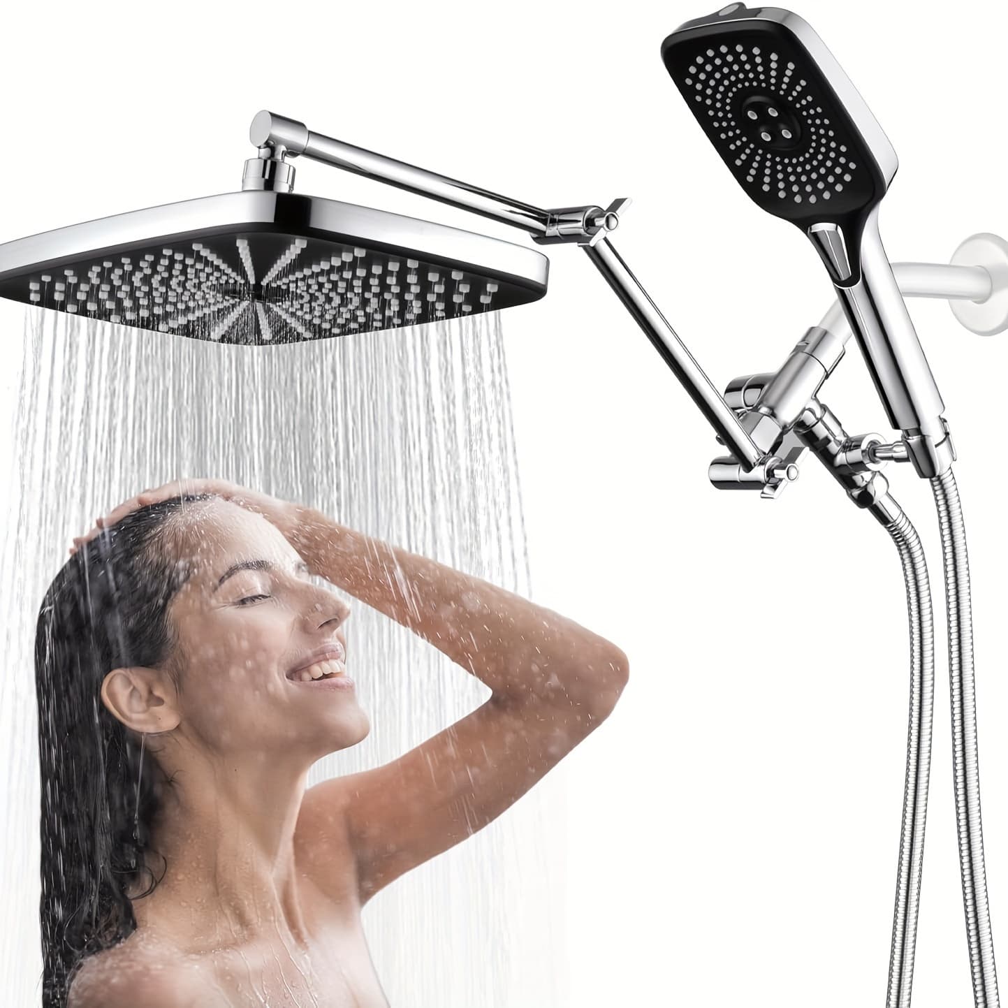 TEMU Shower Head With Handheld, 12 Inch Rain/ Shower Head Combo High Pressure With 4 Function Handheld Shower Head, 3-way Diverter, 2-stage Extension Arm And 71' Hose For Shower Use For Shower Use