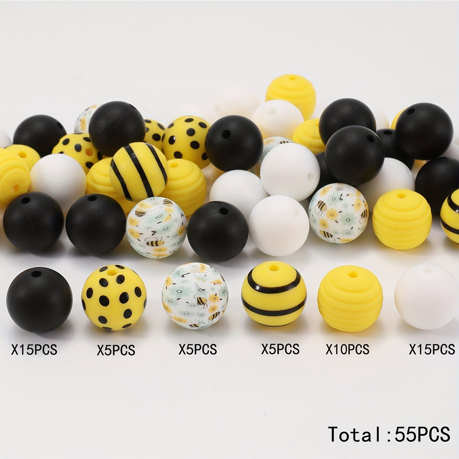 TEMU Set Of 55 Bee-themed Silicone Beads In Designs For Crafting Jewelry, Including Necklaces, Bracelets, And Decorative Items