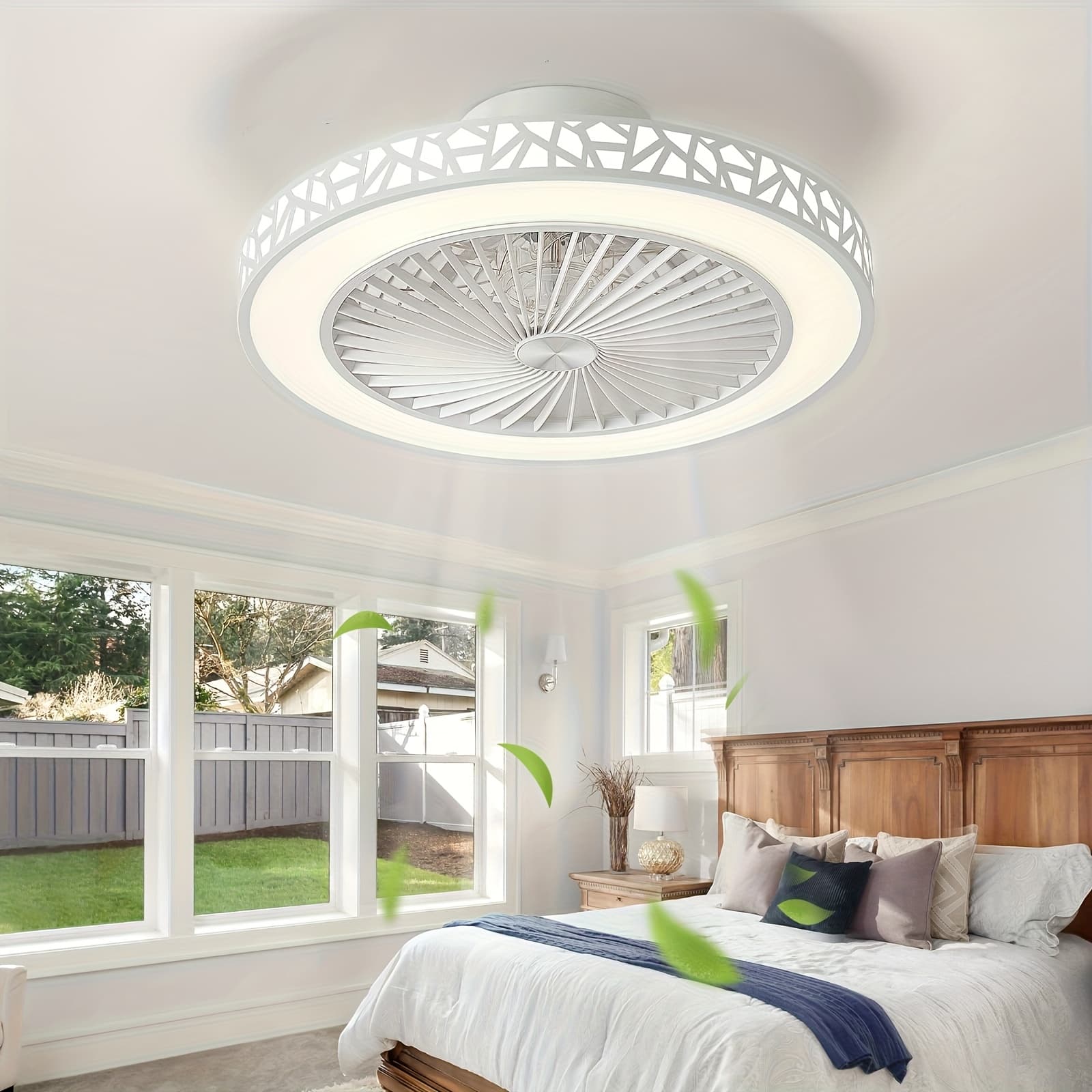 TEMU Ceiling Fan With Light, 19-inch Bladeless Enclosed Ceiling Fan, Iron-thin Flush Mount Fan, 6-speed Dimmable 3000k-6500k, Quiet Timer Bedroom Fan Light