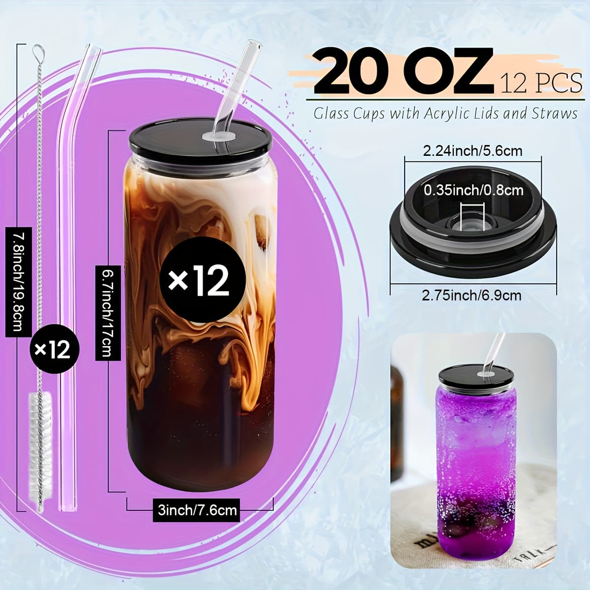 TEMU 12 Pack Glass Cups With Acrylic Lids And Glass Straws 20 Oz Clear Glass Tumblers Can Shaped Iced Coffee Cups Drinking Glasses, Cute Glass Cups For Smoothie Whiskey Gift (black Lids (black Lids)