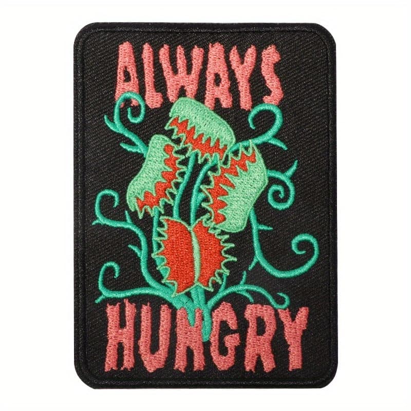 TEMU 1pc Vibrant Venus Plant Embroidered Patch - " Hungry" Design With Green & Red Stitching, Black Background, Perfect For Sewing & Crafting, Sewing | Design | Detailed Stitching, Sewing Accessories