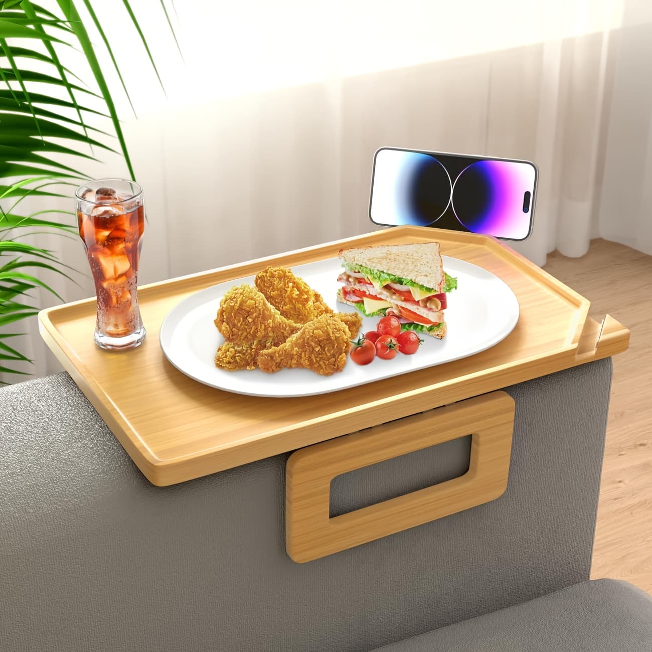 TEMU Sofa Arm Tray, Bamboo Couch Arm Tray For Couch Armrest, Sofa Clip On Tray Table For Room Snack & Drink Remote, Clip On Couch Tray, Bamboo Breakfast Tray With Folding Legs