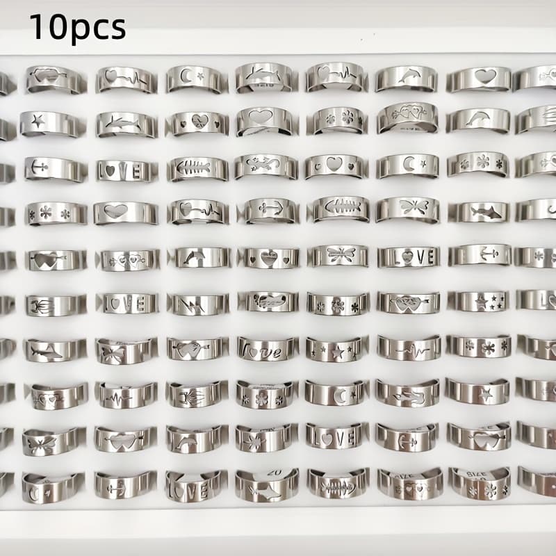 TEMU 10pcs/lot Stainless Steel Star Moon Heart Hollow Rings For Women And Men Wholesale Mix Style Silvery Charm Jewelry