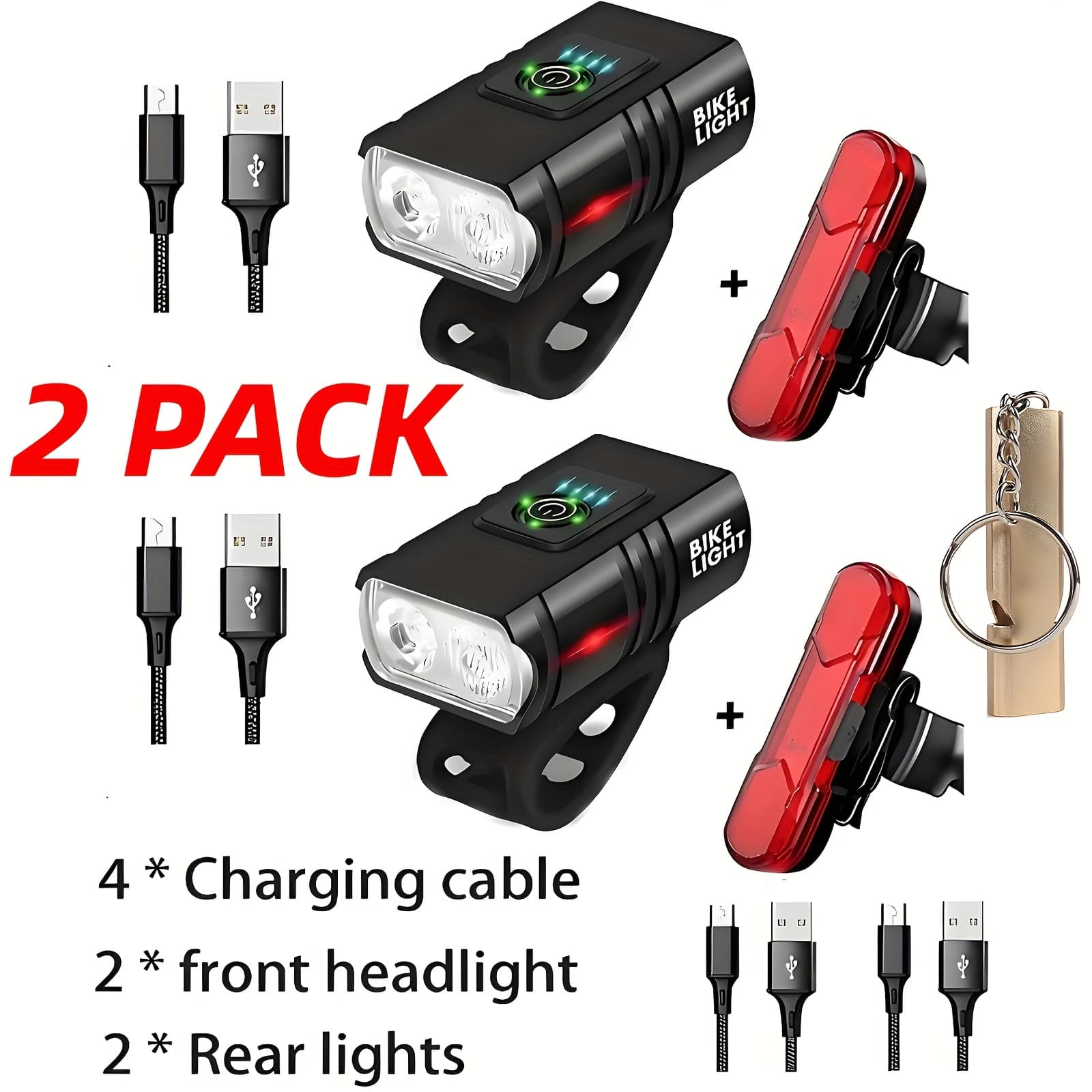 TEMU 2pcs Portable Led Bike Light Sets With Whistle, Usb Rechargeable Headlight, 6 Front Light +4 Tail Light , Safe And Portable Led Bicycle Light Sets, Rear Light For Cycling, Biking