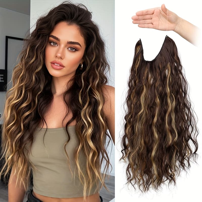TEMU Long Synthetic Fishing Line Hair Extensions Elegant Water Wave Curly Styles For Women Lightweight Fluffy-looking Hairpiece