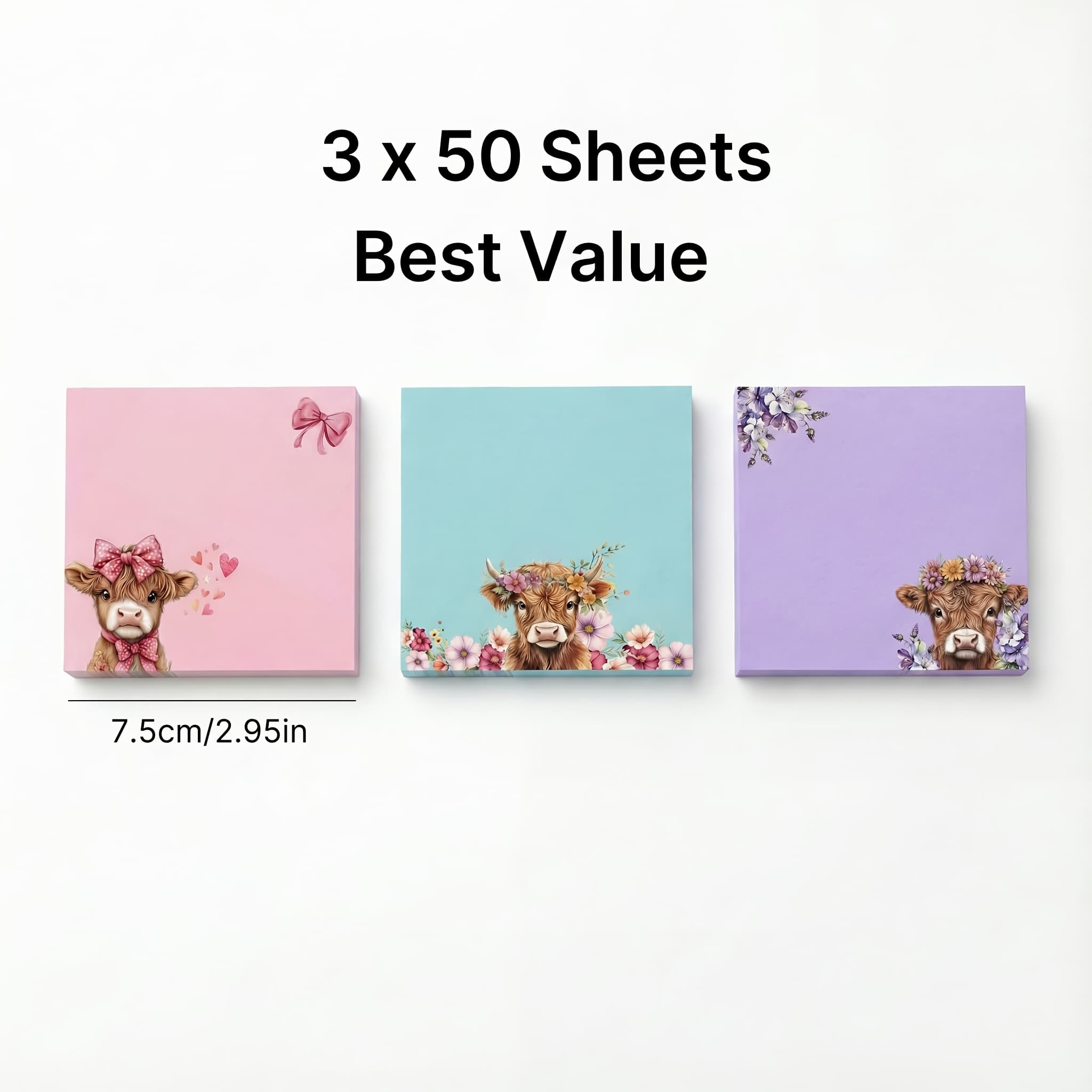 TEMU 3 Packs Highland Cow Sticky Notes Set, Cute Aesthetic Memo Pads (3x50 Sheets), Funny Office School Supplies, Valentine's Day Gift For Girls