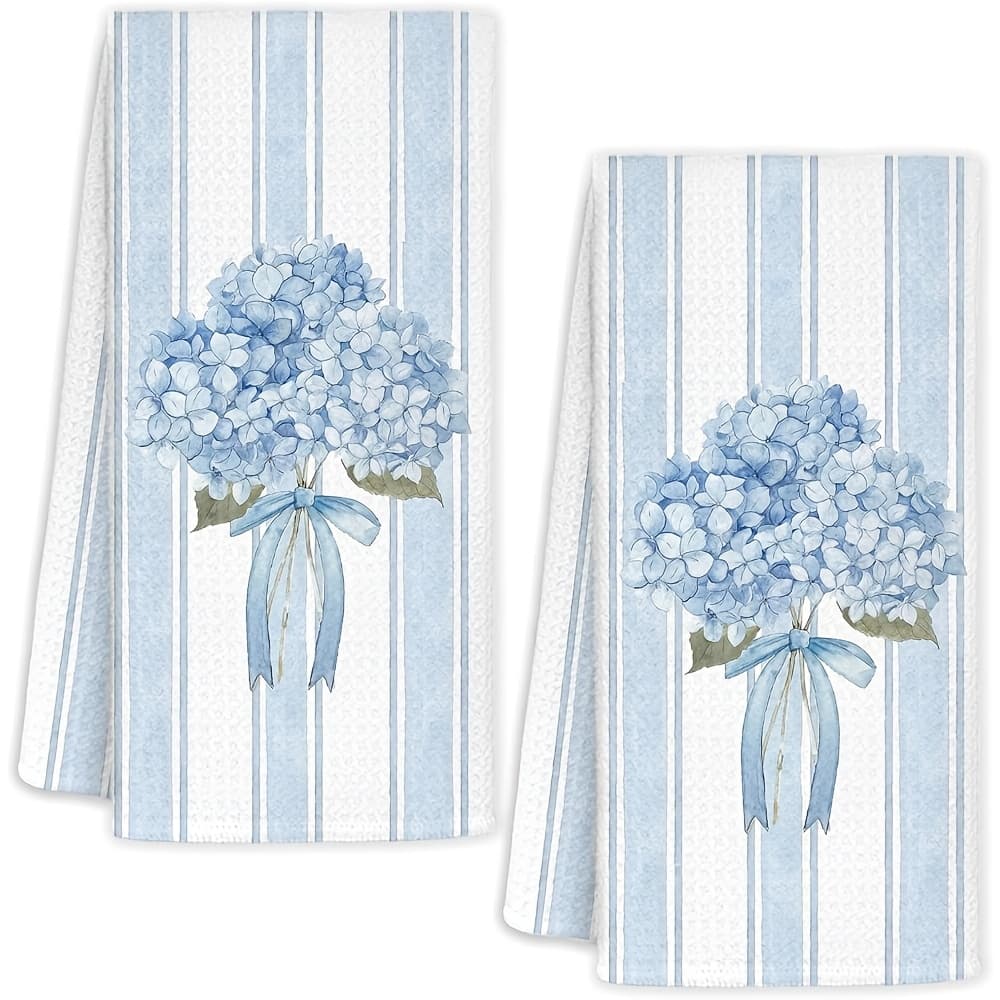 TEMU 2-pack Elegant Hydrangea Towels, Fashionable Hand Towels With Blue And White Striped Background And Watercolor Blue Hydrangea Bouquet Print | Fabric, Absorbent, Quick-dry, Durable, Lightweight