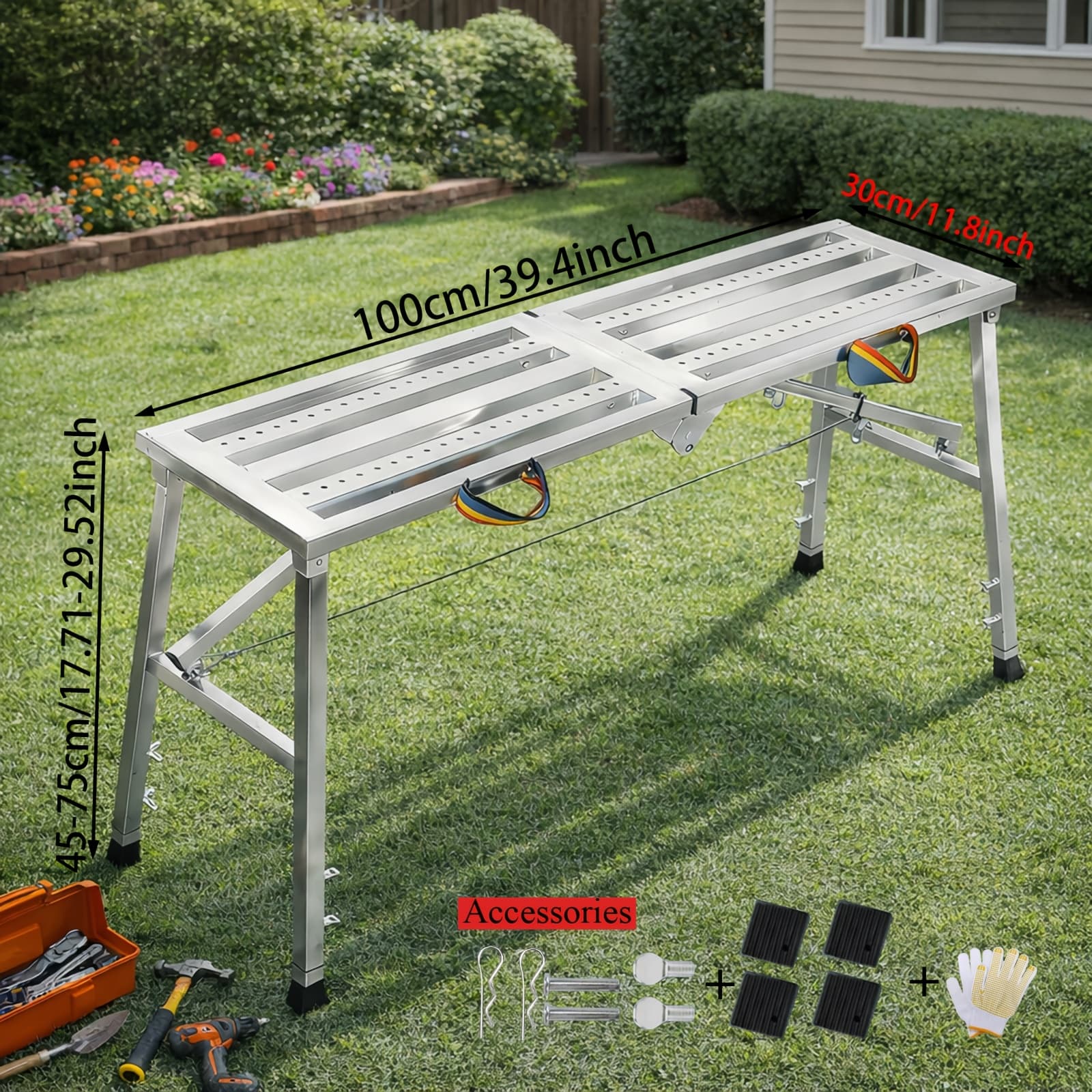 TEMU Folding Scaffolding, Portable Work Platform With 650-850 Lbs Capacity, Adjustable Height Step Ladder, Non-slip Drywall Painting Stool For Home Improvement, Car Washing, Free Gloves Included.