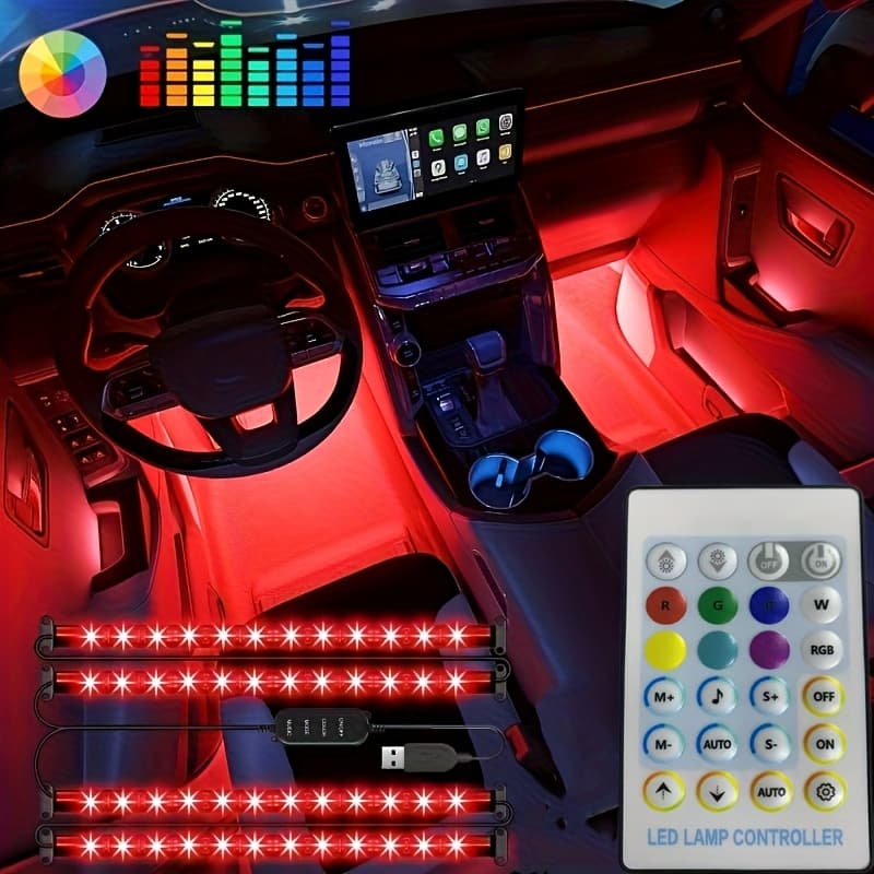 TEMU 4pcs Rgb Car Interior Led Light Set, Multiple Color Display, With Diy And Music - For All Vehicles, Remote Control