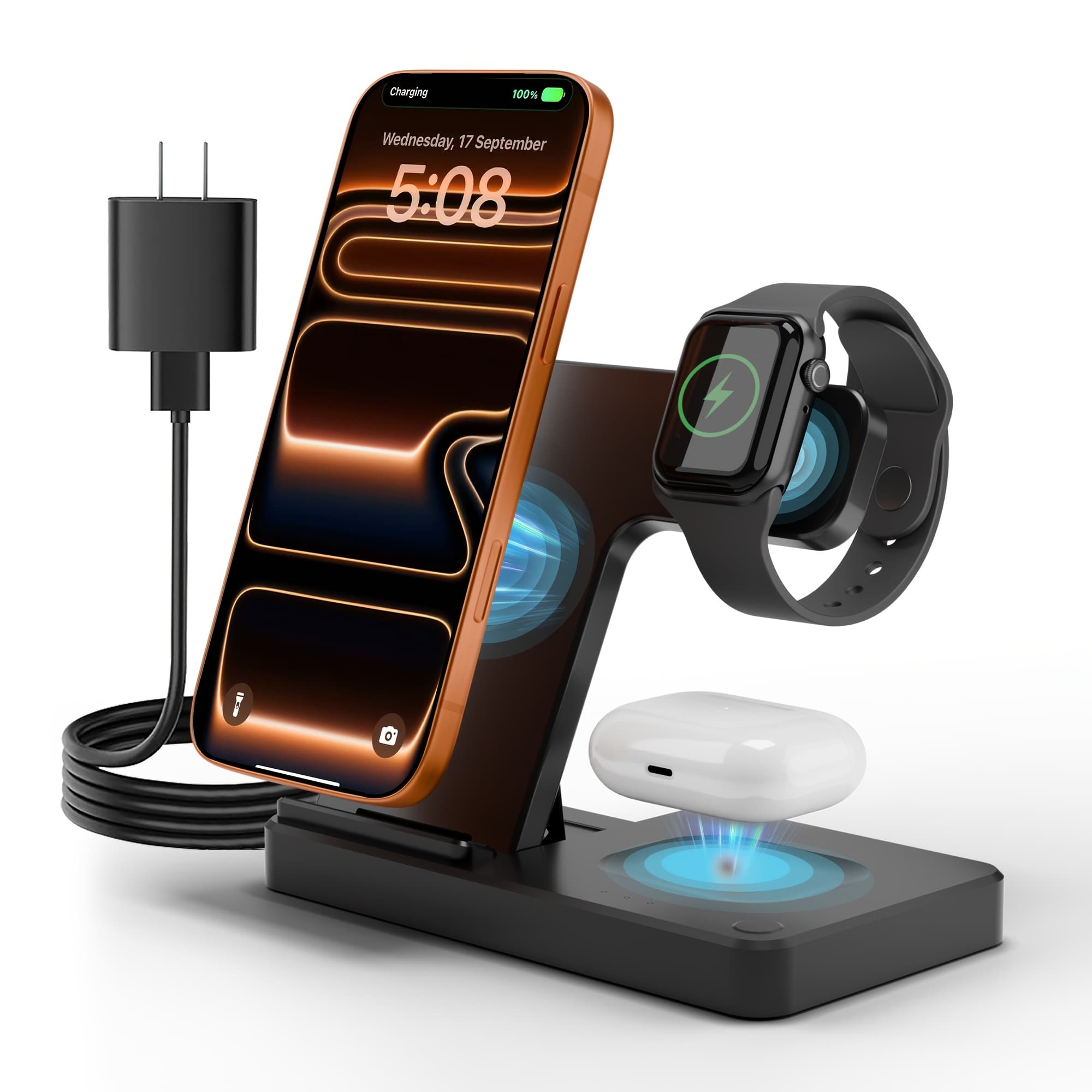 TEMU Wireless Charging Station 3in 1 Portable Fast Charging For Iphone 17 16 15 14 Pro Max 13 12 11, For Iwatch 11 10 6 5 4 3 2 Se, For Airpods 4 3 2 Pro, For & 9 ,