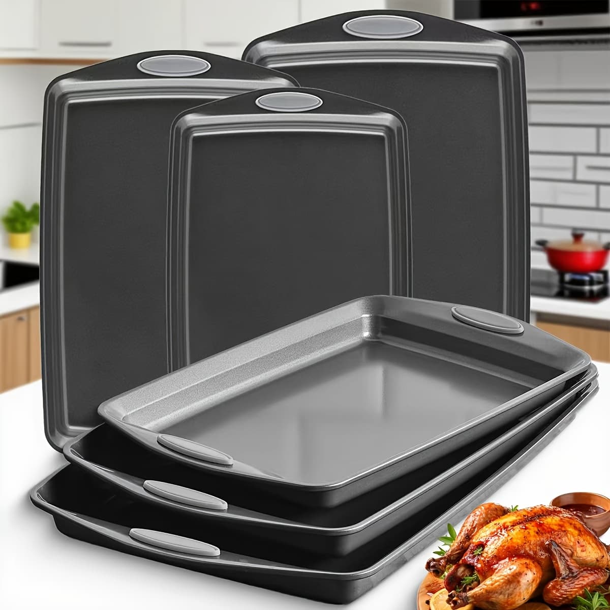 TEMU 2/6pcs Baking Sheet Set, Assorted Size Cookie Trays With Silicone Handles, In Gray, Black & Golden, Stackable Bakeware For Baking & Roasting