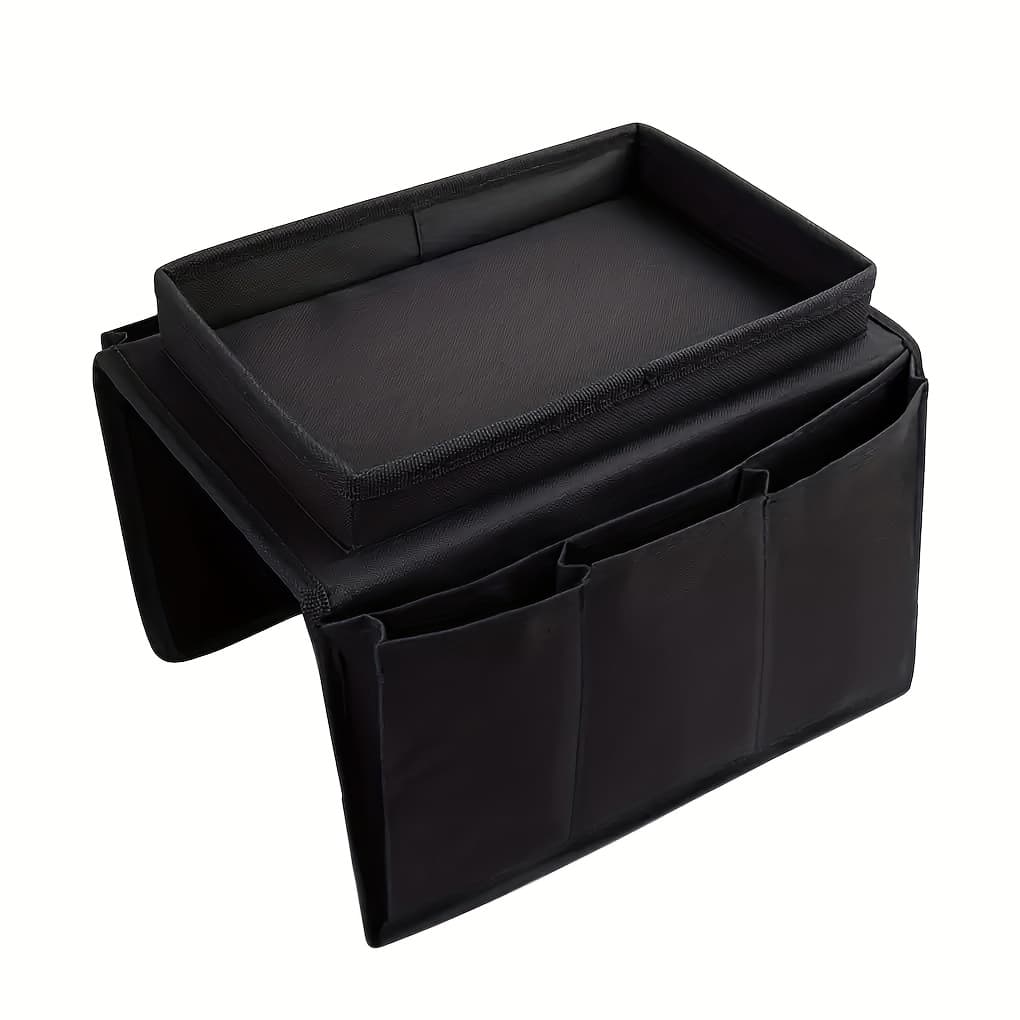 TEMU Sofa Armrest Tray Organizer - Hard Surface Caddy With Cupholder And Remote Control Holder | Snack, Tablet, Book Tray For Living Room, Bed, Couch | Sturdy And Decorative Storage Shelf (black)