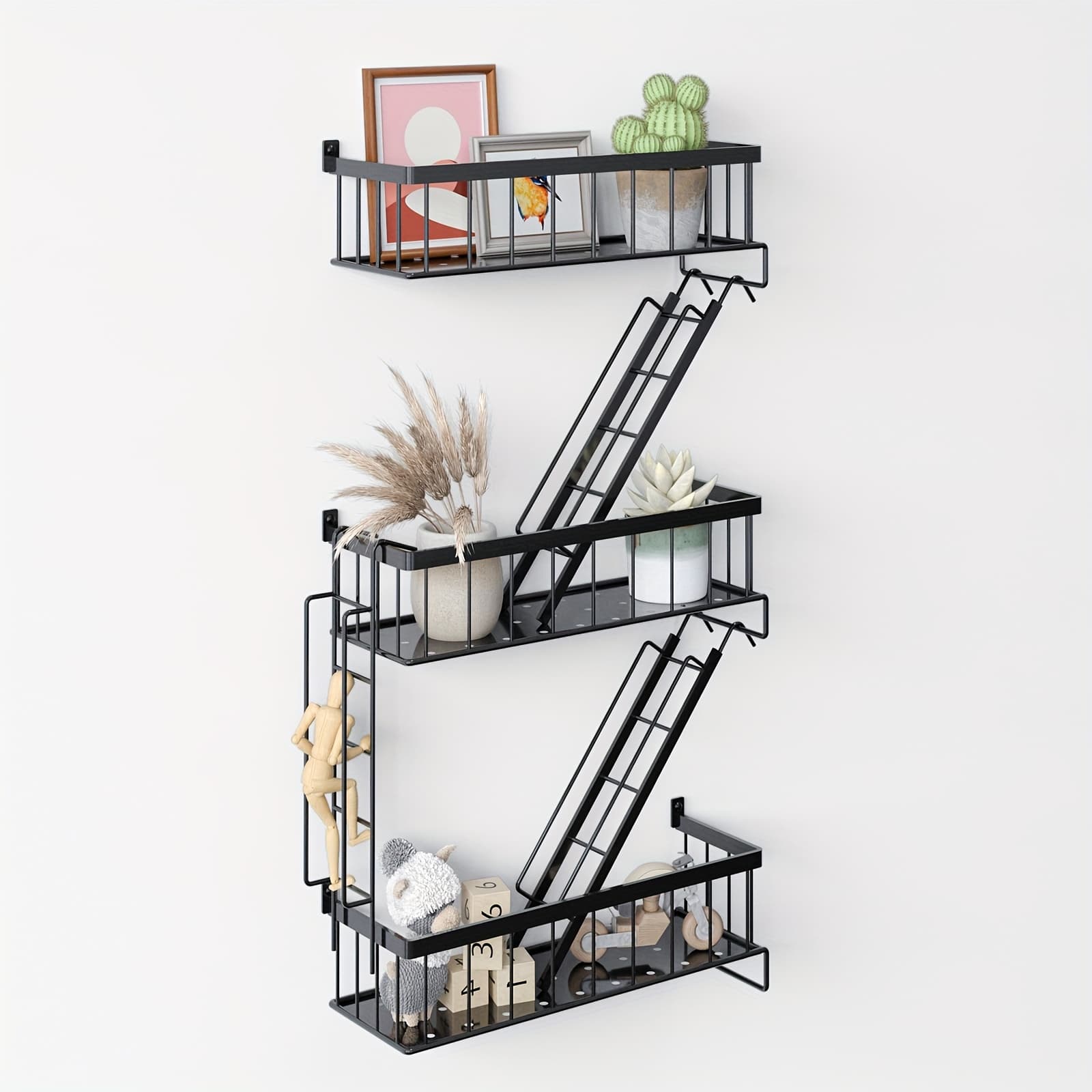 TEMU Tomnk Fire Escape Wall Shelf - Decorative Ladder Shelf, Wall Art Floating Shelf Black Metal Shelves For Bedroom, Home Office Storage (3-tier), Room Decor, Bathroom Decor, Floating Shelves